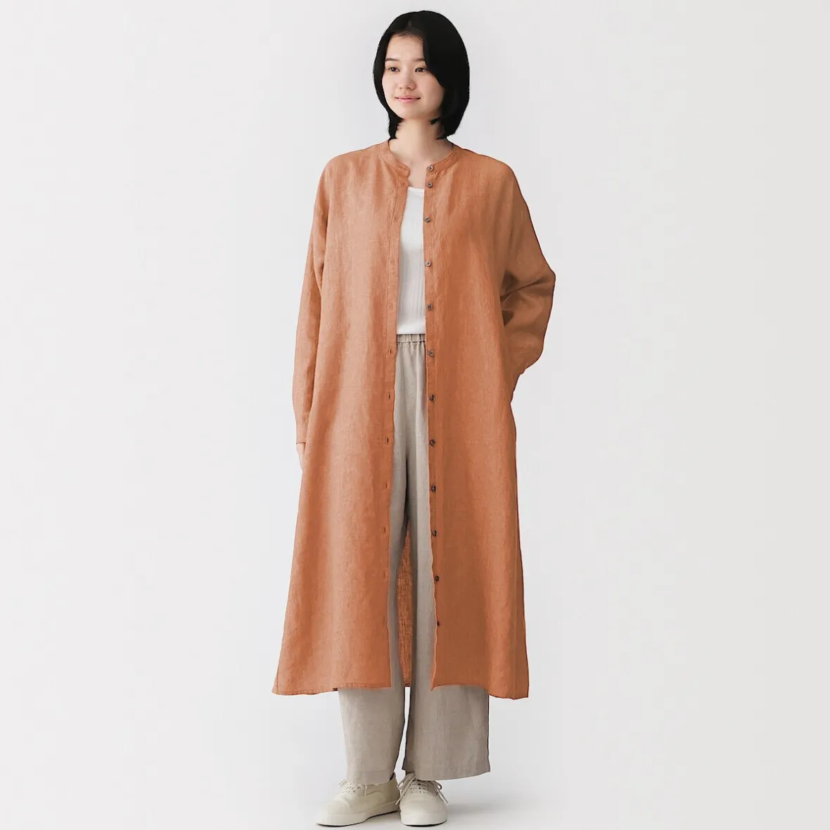 Clearance Muji Vestido camisero de cuello alto de lino lavado para mujer