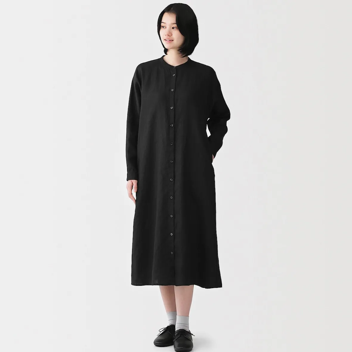 Clearance Muji Vestido camisero de cuello alto de lino lavado para mujer