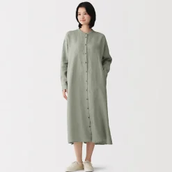 Clearance Muji Vestido camisero de cuello alto de lino lavado para mujer