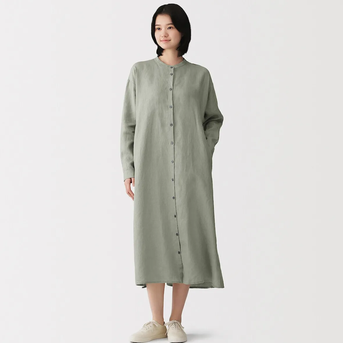Clearance Muji Vestido camisero de cuello alto de lino lavado para mujer
