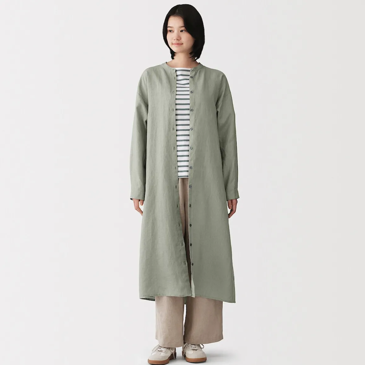 Clearance Muji Vestido camisero de cuello alto de lino lavado para mujer