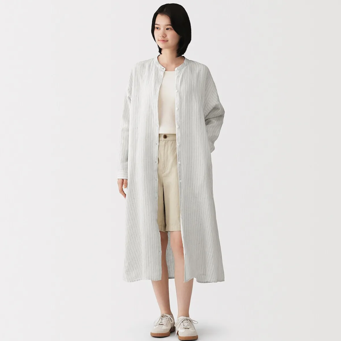 Clearance Muji Vestido camisero de cuello alto de lino lavado para mujer