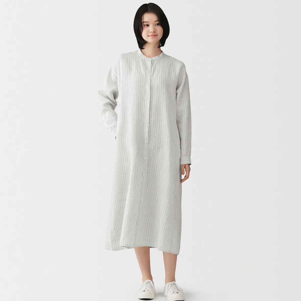 Clearance Muji Vestido camisero de cuello alto de lino lavado para mujer
