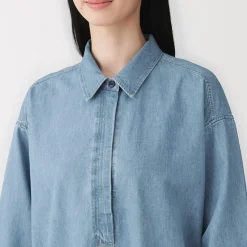 Hot Muji Vestido camisero ligero de tejido vaquero y mezcla de kapok para mujer