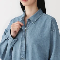 Hot Muji Vestido camisero ligero de tejido vaquero y mezcla de kapok para mujer