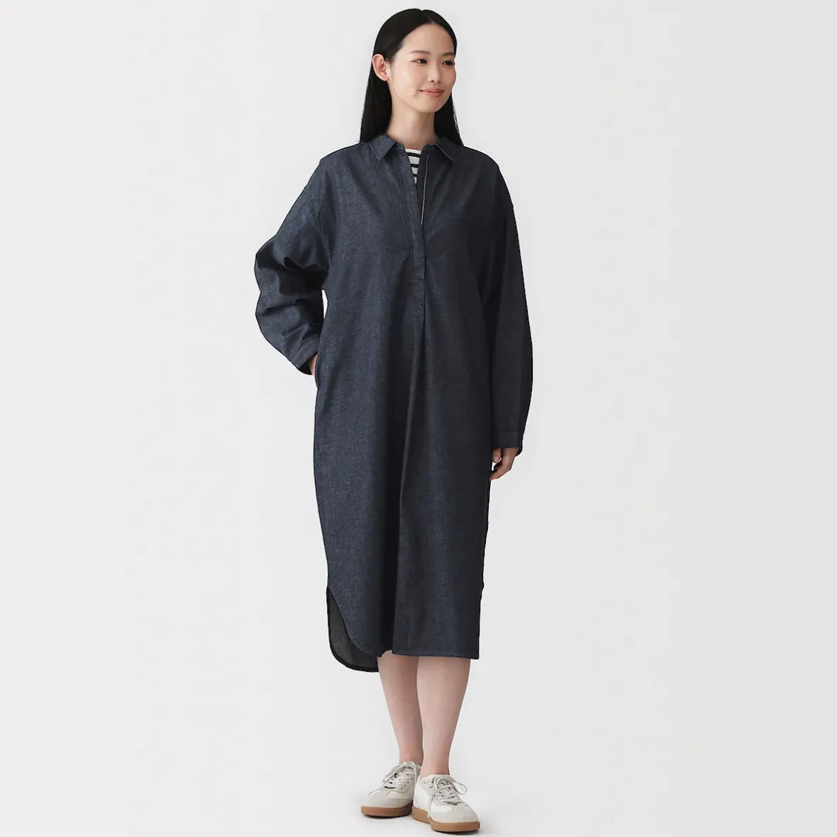 Hot Muji Vestido camisero ligero de tejido vaquero y mezcla de kapok para mujer